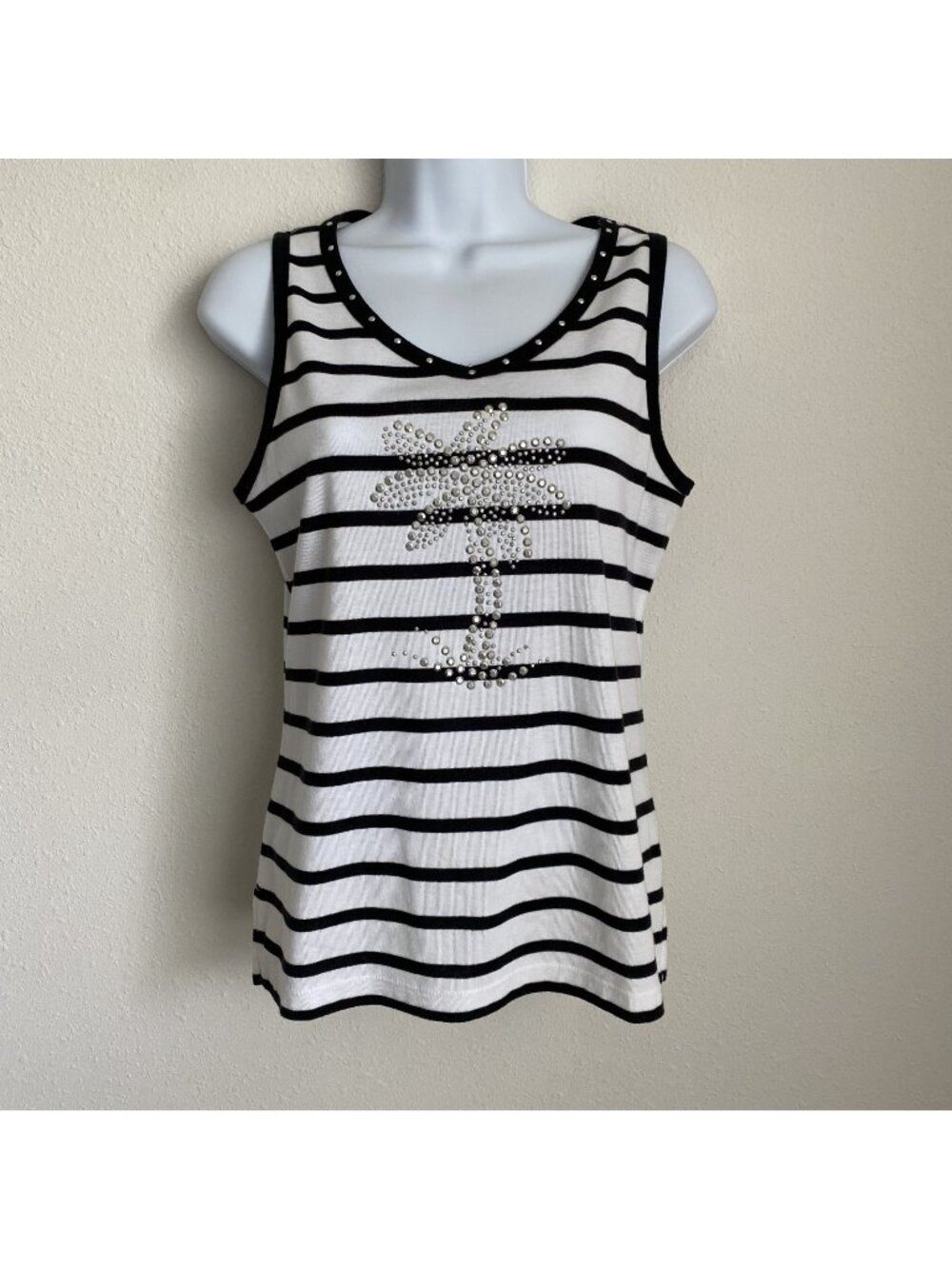 Palm Harbour Womens Small Palm Tree Tank Top Black White Stripe Studded